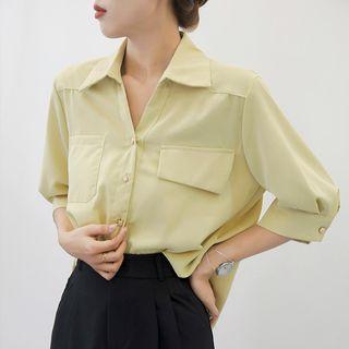 3/4-sleeve Plain Blouse / Straight Leg Pants