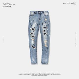 Distressed Studded Paint-print Slim-fit Jeans
