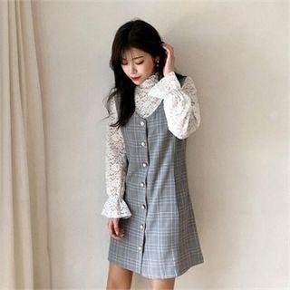 Sleeveless Faux-pearl Button Plaid Dress