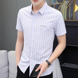 Short-sleeve Striped Letter Embroidered Shirt