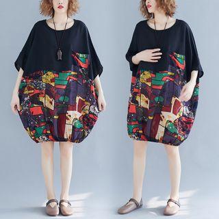 Elbow-sleeve Patterned Panel A-line Dress Black - One Size