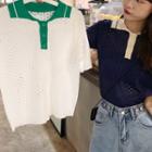 Color-block Cut Out Knit Short-sleeve Top