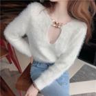 Long-sleeve V-neck Chain-accent Furry Top