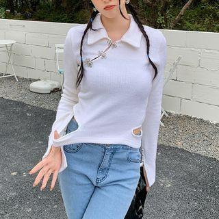 Long-sleeve Collared Embellished Cutout Knit Top