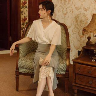 Set: Short-sleeve Chiffon Blouse + A-line Midi Skirt