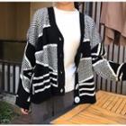 Color Block Long-sleeve Knit Cardigan Black - One Size
