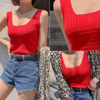 Square-neck Sleeveless Cable-knit Top