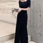 Square Neck Slit Front Evening Gown