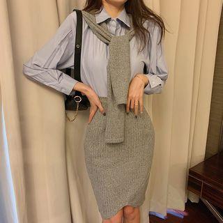 Set: Insert-shawl Plain Shirt + Knit Pencil Skirt