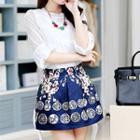 Set: Elbow-sleeve Lace Top + Printed A-line Skirt