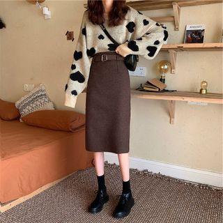 Heart Print Sweater / Belted Midi A-line Skirt / Set