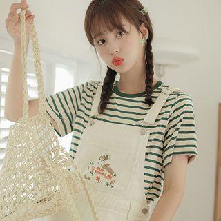 Short-sleeve Striped T-shirt / Rabbit Embroidered Denim Midi Overall Dress