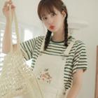 Short-sleeve Striped T-shirt / Rabbit Embroidered Denim Midi Overall Dress