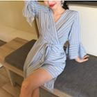 V-neck Striped 3/4-sleeve Dress