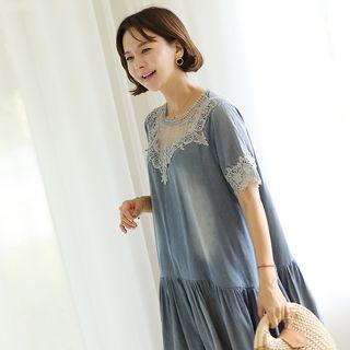 Ruffle-hem Lace-trim Denim Dress Blue - One Size