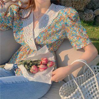 Puff Sleeve Eyelet Collar Floral Print Blouse