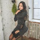 Turtle-neck Lace-patch Glitter Bodycon Dress