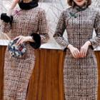 Long-sleeve Plaid Midi Qipao Dress