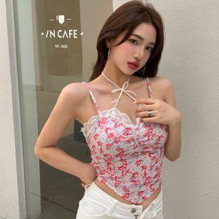 Floral Print Camisole Top Red & White - One Size