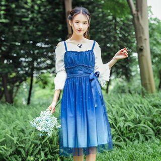 Flare-cuff Lace Collar Cropped Blouse / Wide Strap Ombre Pinafore Dress / Set