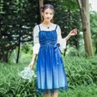Flare-cuff Lace Collar Cropped Blouse / Wide Strap Ombre Pinafore Dress / Set