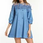 Mesh Panel 3/4-sleeve Mini A-line Denim Dress