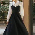 Mock Two-piece Long-sleeve Polo Collar Panel Midi A-line Dress