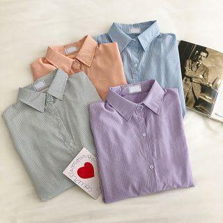 Set:plain Tank Top + Plain Striped Long-sleeve Blouse