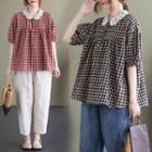 Puff-sleeve Gingham Lace Trim Blouse