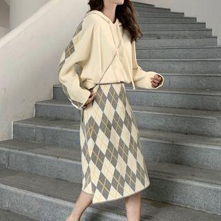 Set: Argyle Knit Hoodie + Midi Argyle A-line Knit Skirt