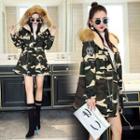 Furry-trim Hooded Camouflage Parka