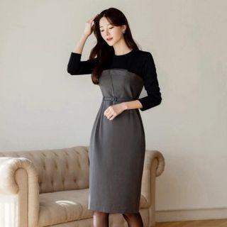 Contrast-panel Midi Sheath Dress With Belt