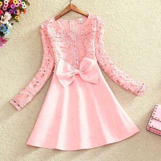 Bow Accent Lace Overlay Long Sleeve Dress