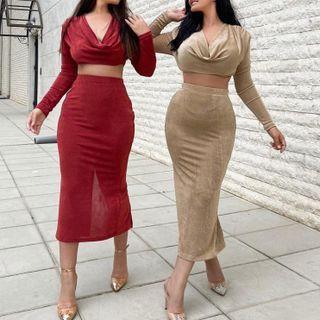 Set: Long-sleeve Draped Crop Top + Midi Pencil Skirt