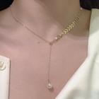 Faux Pearl Leaf Dangle Necklace Gold - One Size