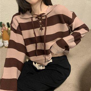 Strappy Striped Long-sleeve Knit Top