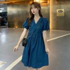 Puff-sleeve V-neck Drawstring Dress