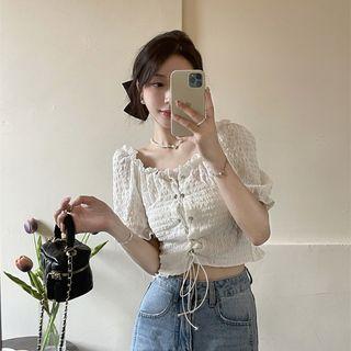 Puff-sleeve Square-neck Plain Drawstring Top White - One Size