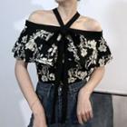 Halter-neck Cold-shoulder Floral Blouse Black - One Size