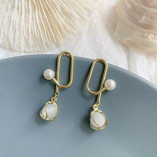 925 Sterling Silver Faux Pearl Cat Eye Stone Dangle Earring 1 Pair - One Size