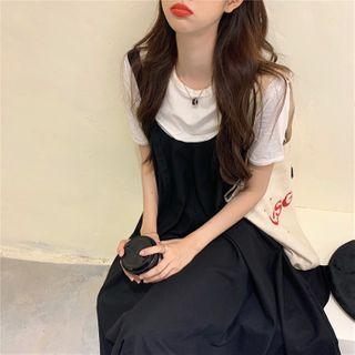 Short-sleeve Plain T-shirt / A-line Midi Pinafore Dress