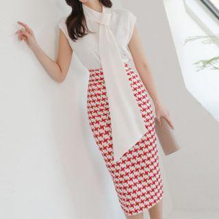 Set: Cap-sleeve Tie-neck Blouse + Houndstooth Pencil Skirt