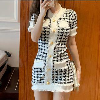 Short-sleeve Plaid Knit Mini Dress White - One Size