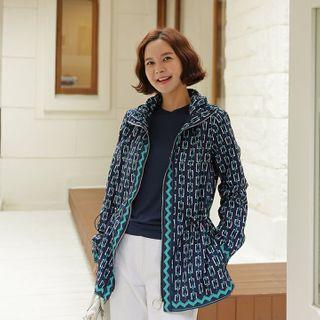 Hooded Drawstring-waist Patterned Jacket Navy Blue - One Size