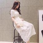 Short-sleeve Tie-waist Beaded Dress