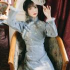 Set: Fluffy Trim Floral Embroidered Midi Qipao + Plain Maxi A-line Skirt