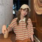 Elbow-sleeve Striped Open-front Top