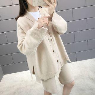 Set: Distressed V-neck Cardigan + Knit Shorts