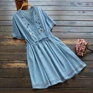 Elbow-sleeve Embroidered A-line Denim Dress Denim Blue - One Size