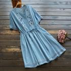 Elbow-sleeve Embroidered A-line Denim Dress Denim Blue - One Size